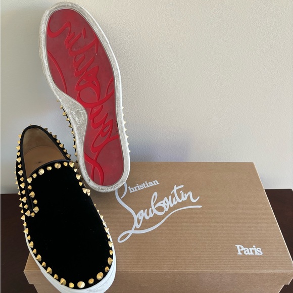Christian Louboutin Pik Boat Sneakers in Black Velvet with Gold Spikes - Picture 2 of 12